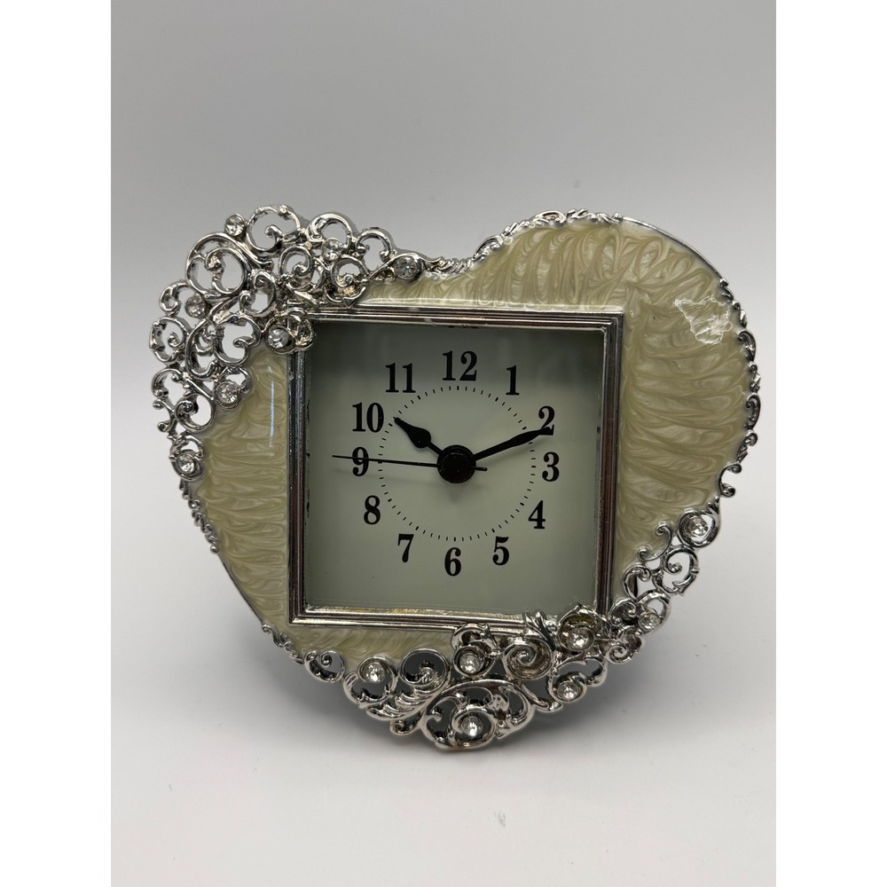 Vintage Style Heart Shaped Desk Clock Silver Filigree Rhinestone Cream‎ Enamel